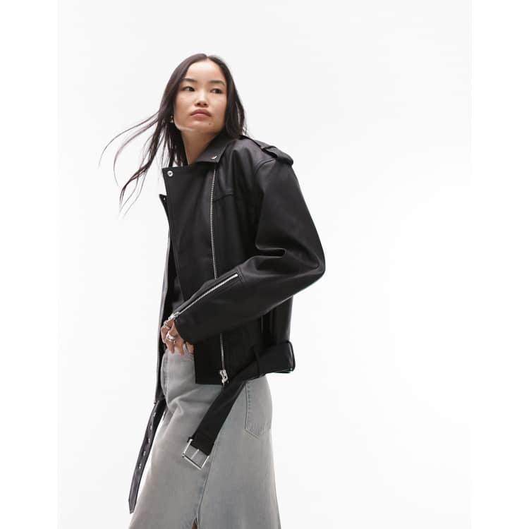 Topshop faux leather boxy biker jacket in black ASOS