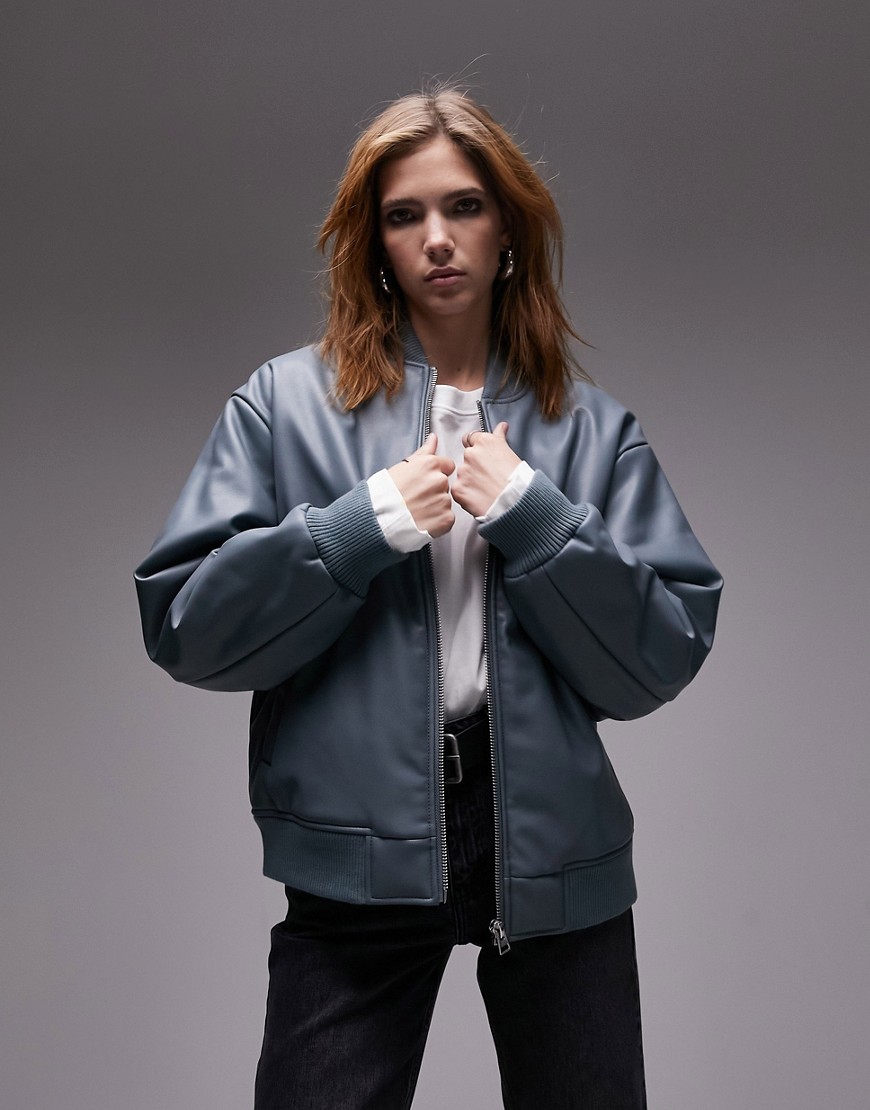 Topshop faux leather boxy bomber jacket in blue