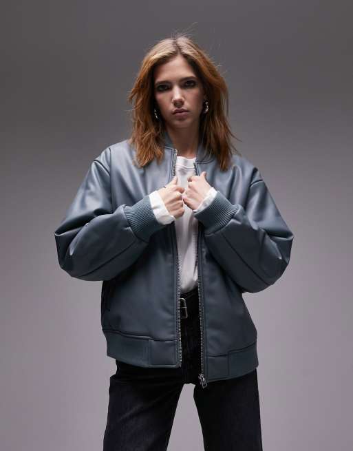 Topshop faux leather boxy bomber jacket in blue 