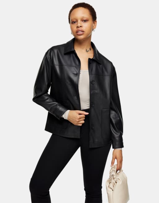 Topshop faux leather boxy jacket in black