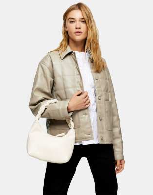 Topshop faux leather boxy quilted jacket in taupe