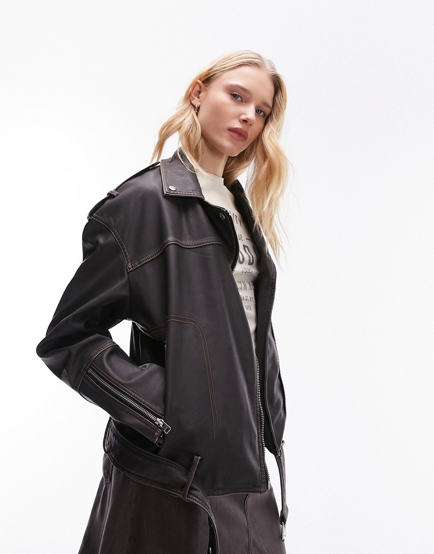faux leather boxy washed biker jacket with contrast stitch detail in washed brown