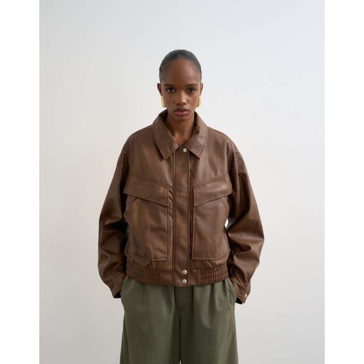 Topshop faux leather boxy zip through pocket bomber jacket in
