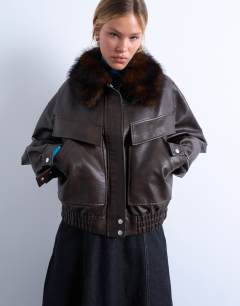 Faux leather boxy zip through pocket bomber jacket with detachable fur collar in washed brown