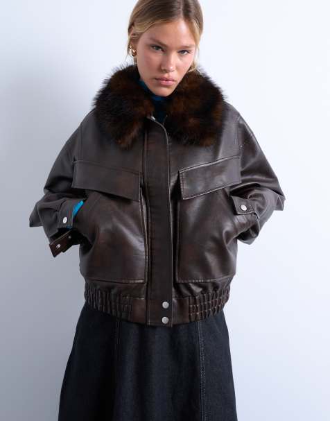 Topshop faux leather boxy zip through pocket bomber jacket with detachable fur collar in washed brown