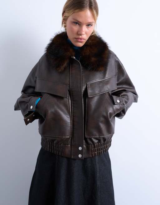 Topshop faux leather boxy zip through pocket bomber jacket with detachable fur colour in washed brown