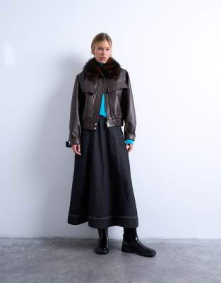 Topshop Faux Leather Boxy Zip Up Pocket Bomber Jacket With Detachable Fur Color In Brown