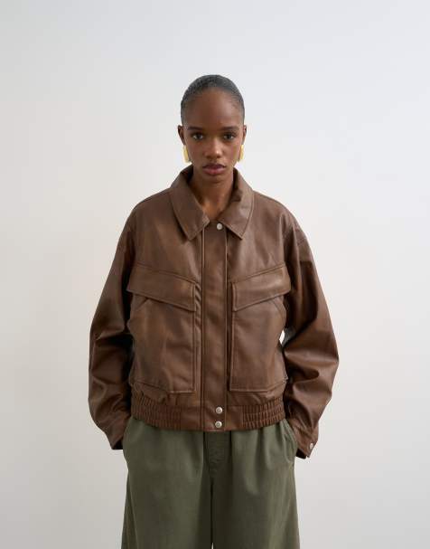 Topshop faux leather boxy zip up pocketed bomber jacket in washed brown - view 1