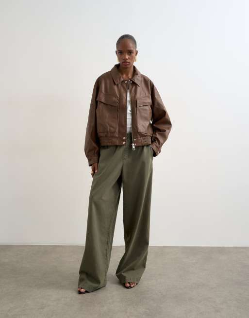 Topshop faux leather boxy zip up pocketed bomber jacket in washed brown, 3 of 4