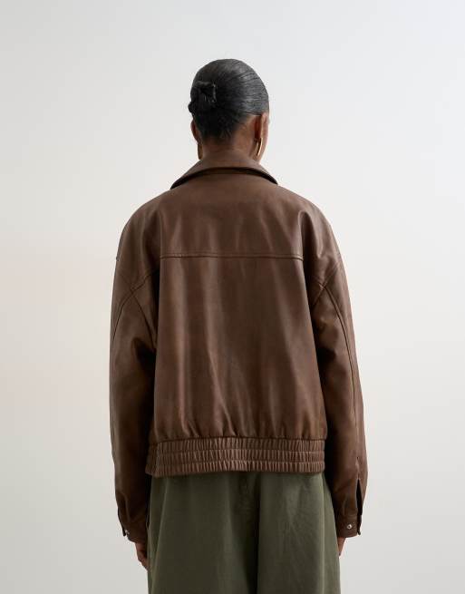 Topshop faux leather boxy zip up pocketed bomber jacket in washed