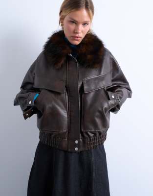 faux leather boxy zip up pocketed bomber jacket with detachable faux fur collar in washed brown