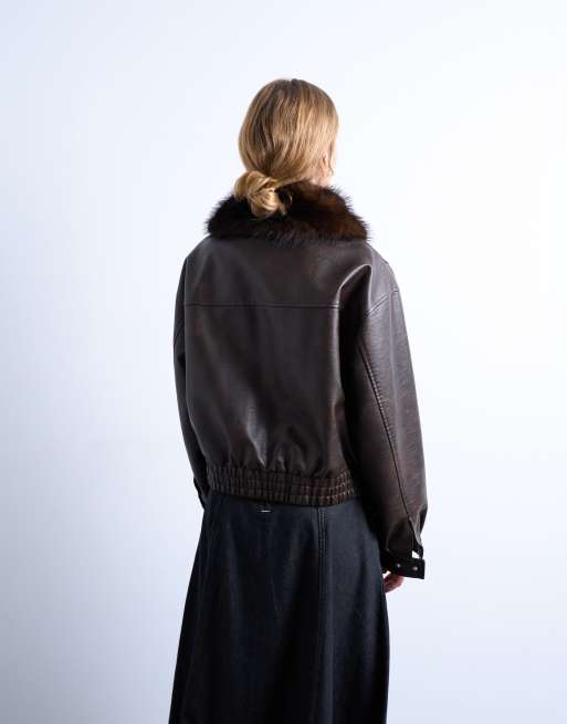 Topshop faux leather boxy zip up pocketed bomber jacket with detachable faux fur collar in washed brown