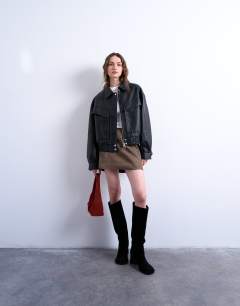 Faux leather bubble boxy zip through bomber jacket in black