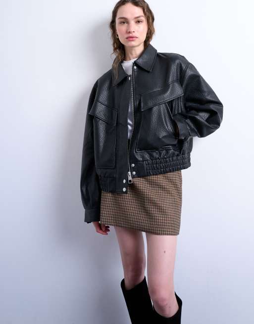 Topshop faux leather bubble boxy zip through bomber jacket