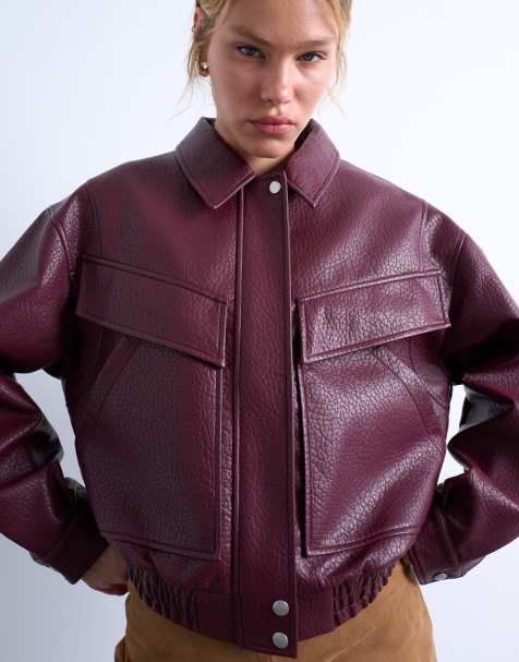 Topshop faux leather bubble boxy zip through bomber jacket in burgundy - view 1