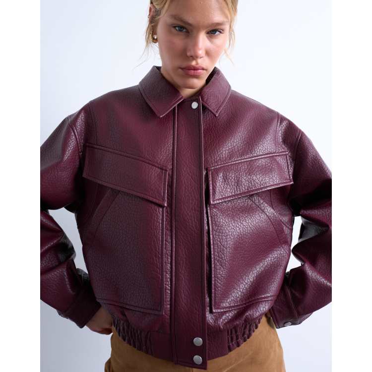 Topshop faux leather bubble boxy zip through bomber jacket