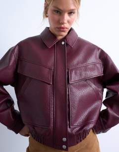 Faux leather bubble boxy zip through bomber jacket in burgundy
