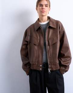 Faux leather bubble boxy zip through pocket bomber jacket in washed brown