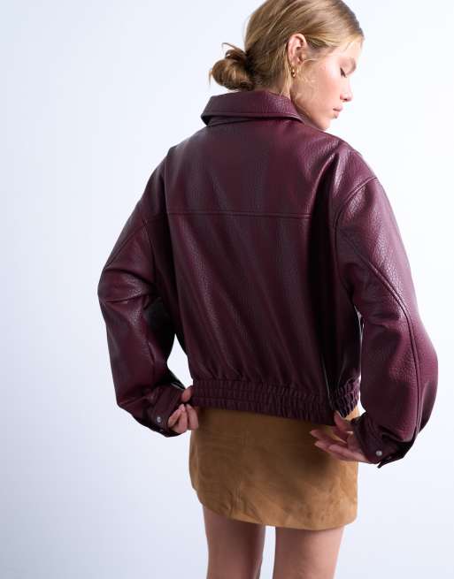 Topshop faux leather bubble boxy zip up bomber jacket in burgundy