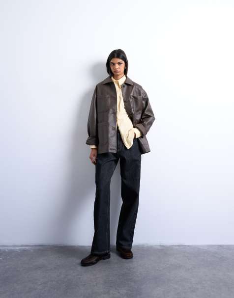 Topshop faux leather bubble camp collar casual shacket in chocolate - view 1