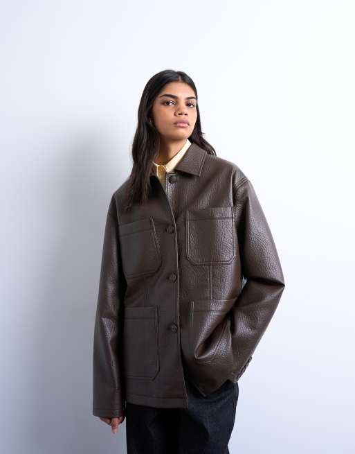 Topshop faux leather bubble camp collar casual shacket in chocolate