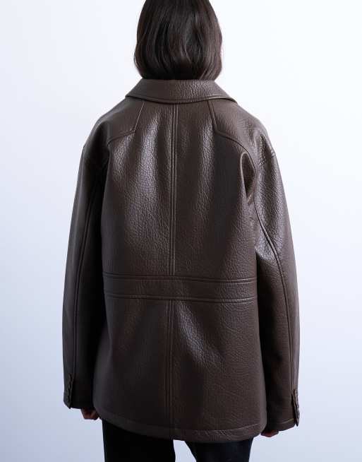 Topshop faux leather bubble camp collar casual shacket in chocolate