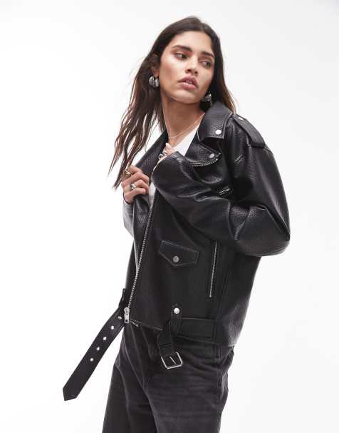 Topshop faux leather bubble oversized biker in black - view 1