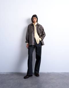 Faux leather bubble revere casual shacket in chocolate