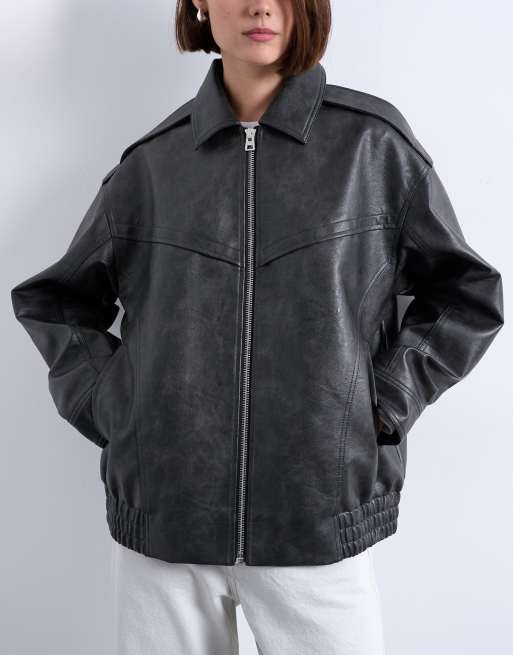 Topshop faux leather bubble vintage wash seam detail zip thru bomber jacket in washed black