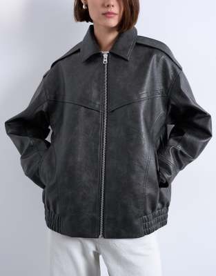 Topshop Faux Leather Bubble Vintage Wash Seam Detail Zip Up Bomber Jacket In Black