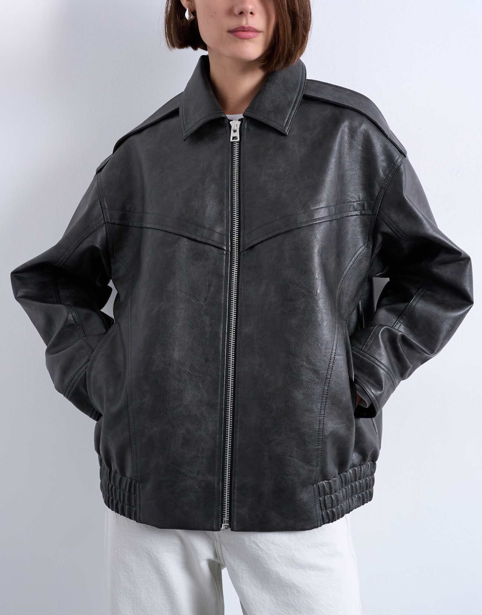 Куртка-бомбер из искусственной кожи Topshop bubble vintage со швом для стирки на молнии в стираном черном цвете