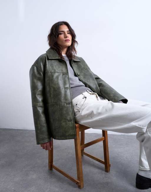 Topshop faux leather button up padded shacket with detachable faux fur collar in green