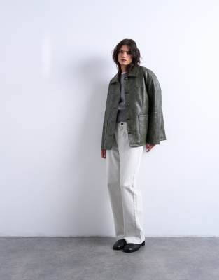 Topshop Faux Leather Button Up Padded Shacket With Detachable Faux Fur Collar In Green