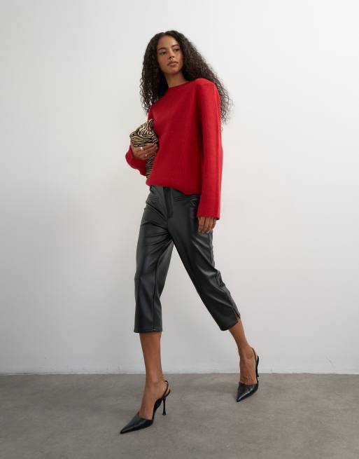 Topshop faux leather capri pant with side splits in black, 3 of 5