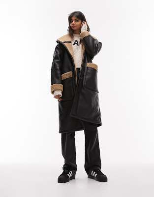 TOPSHOP Faux Shearling Oversized Car Jacket in Black