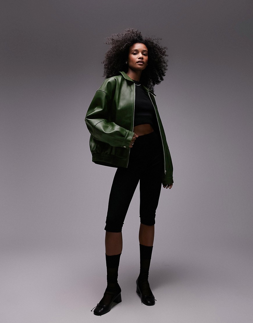 Topshop Faux Leather Center Front Zip Bomber Jacket In Green