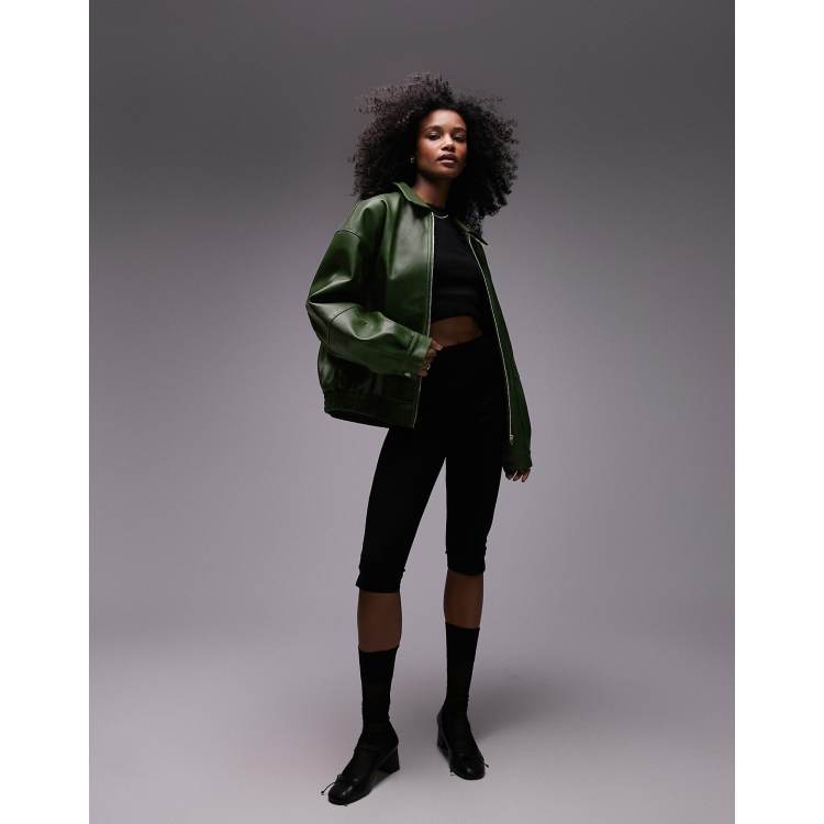 Topshop faux leather center front zip bomber jacket in green | ASOS