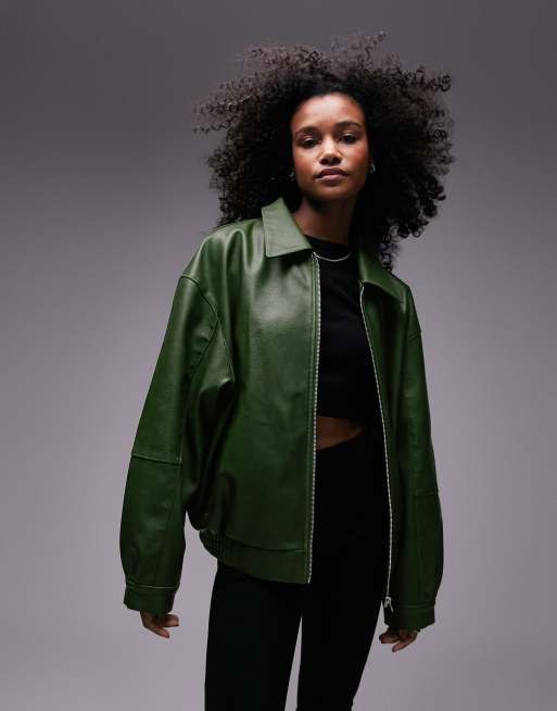 Topshop faux leather center front zip bomber jacket in green ASOS