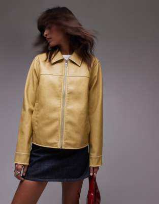 faux leather center front zip jacket in yellow