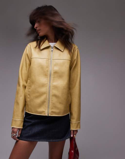 Topshop faux leather center front zip jacket in yellow ASOS