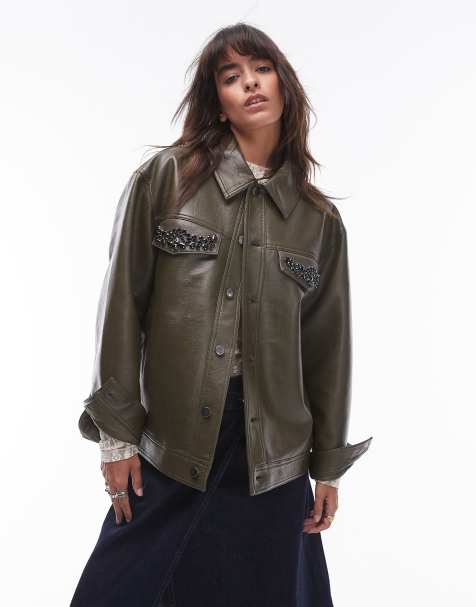 Topshop faux leather centre front embellished jacket in khaki - view 1