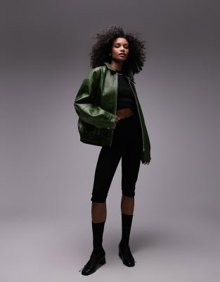  Topshop faux leather centre front zip bomber jacket in green