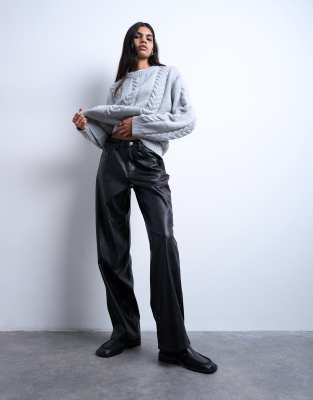 Topshop Women's Black Faux Leather Cinch Trouser In