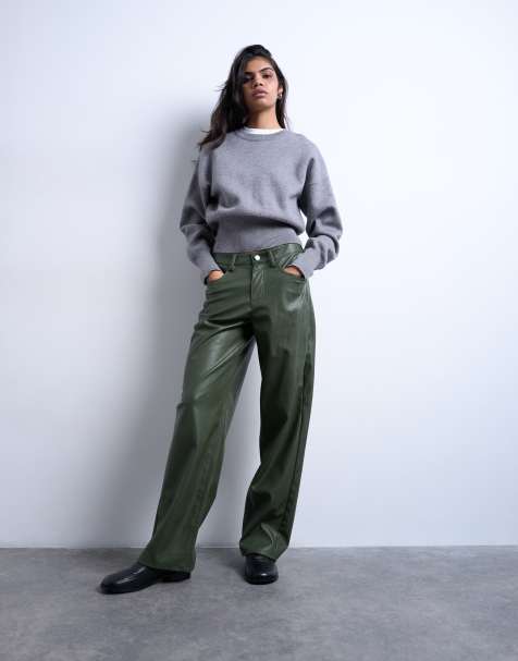 Topshop faux leather cinch trouser in green - view 1