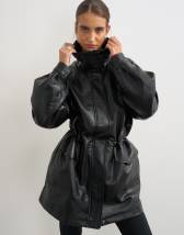Topshop faux leather cinch waist funnel neck jacket in black
