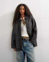 Topshop faux leather cinch waist jacket in black