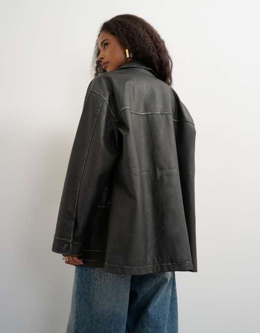 Topshop faux leather cinch waist jacket in black, 2 of 4