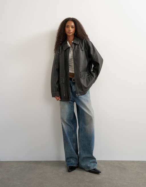 Topshop faux leather cinch waist jacket in black, 4 of 4