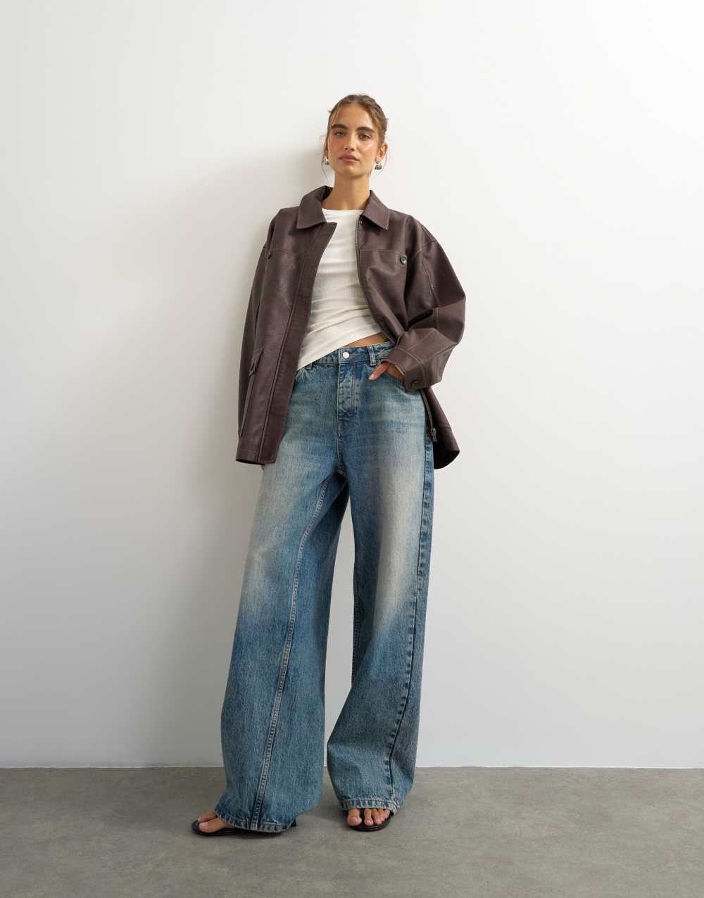 Topshop faux leather cinched jacket in washed brown