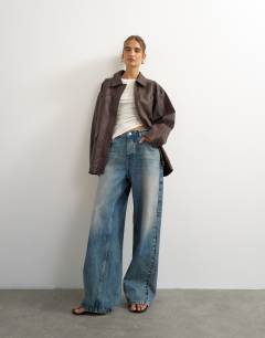 Model wearing Faux leather cinched jacket in washed brown